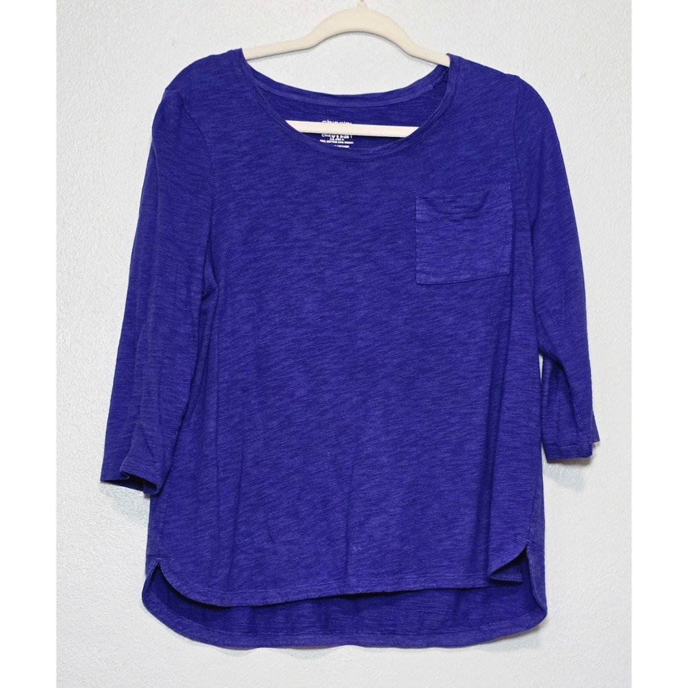Chico's The Ultimate Tee Purple Blue Slub Knit 3/4 Sleeve Pocket Top Size 1 M